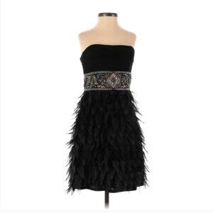 Sue Wong Nocturne Black Silk Embroidered Feathered Cocktail Strapless Dress